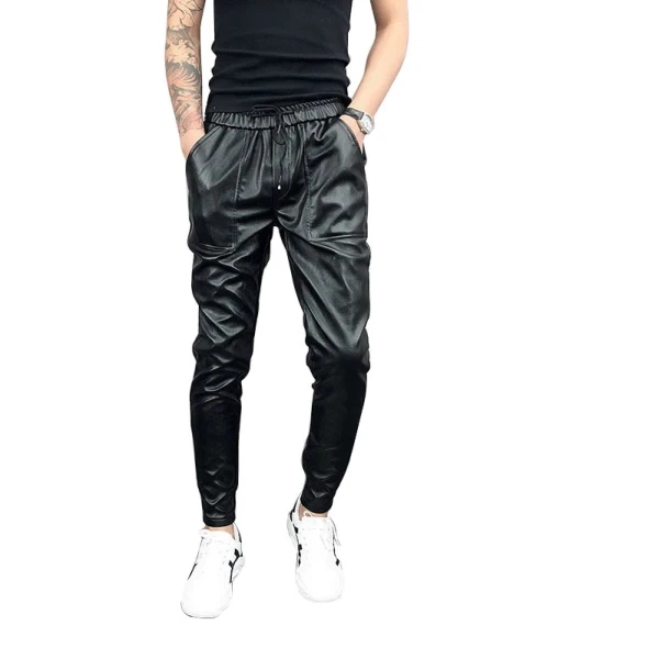 Mens Hip Hop Elastic Waist Genuine Black Leather Harem Joggers Pants