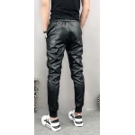 Mens Hip Hop Elastic Waist Genuine Black Leather Harem Joggers Pants