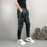 Mens Hip Hop Elastic Waist Genuine Black Leather Harem Joggers Pants