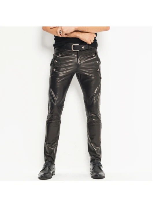 Mens Skinny Tight Smooth Black Leather Moto Pants Trousers