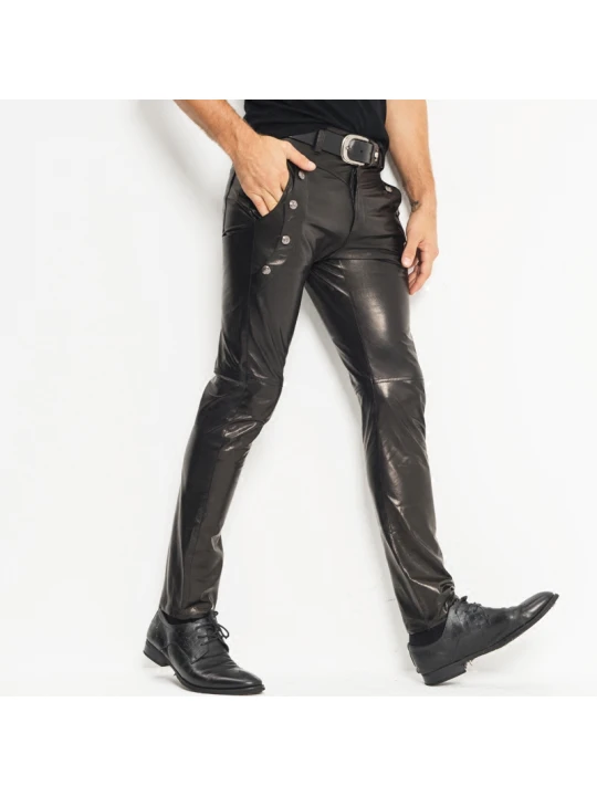 Mens Skinny Tight Smooth Black Leather Moto Pants Trousers