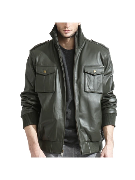 Mens Military Inspired Black Lambskin Leather Bomber Jacket