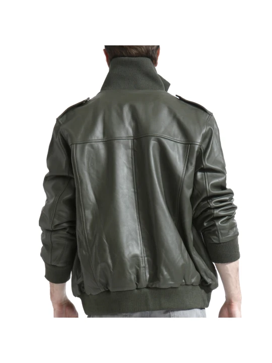 Mens Military Inspired Black Lambskin Leather Bomber Jacket