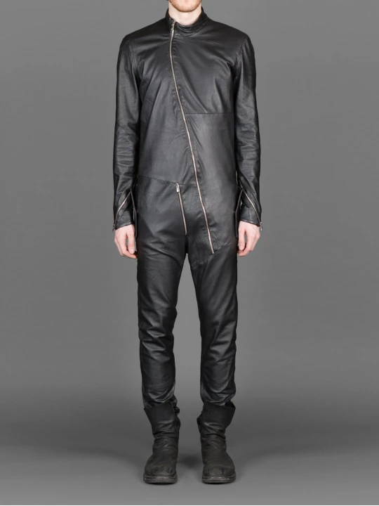 Mens New Cross Flight Black Leather Jumpsuit with Zip Details