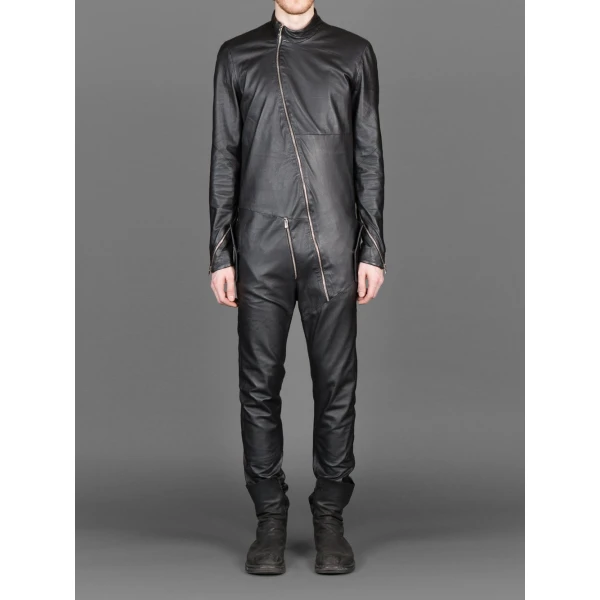 Mens New Cross Flight Black Leather Jumpsuit with Zip Details