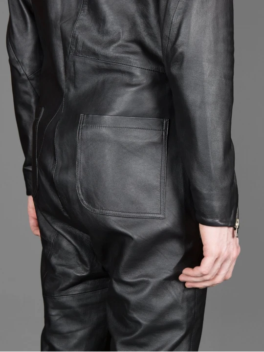 Mens New Cross Flight Black Leather Jumpsuit with Zip Details