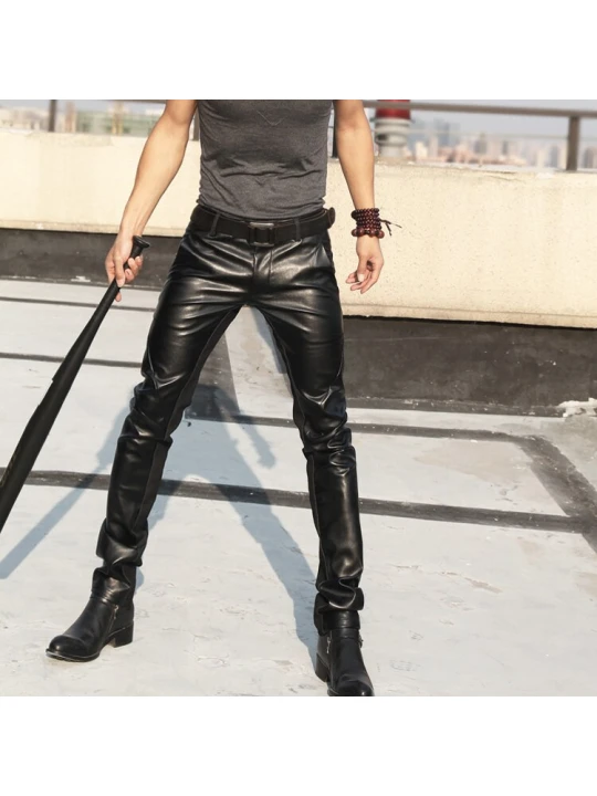 Mens Nightclub Genuine Black Leather Motorcycle Trousers Pants