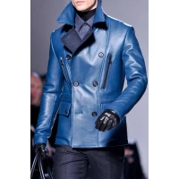 Mens Winter Warm Pure Blue Leather Coat