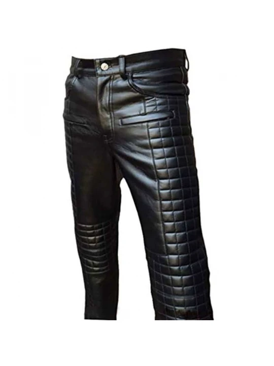 Mens Quilted Fashion Real Black Leather Bikers Pants Jeans