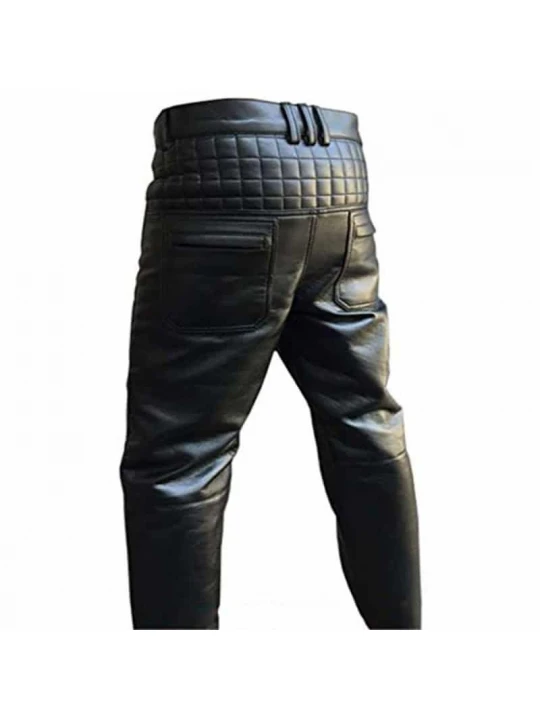 Mens Quilted Fashion Real Black Leather Bikers Pants Jeans