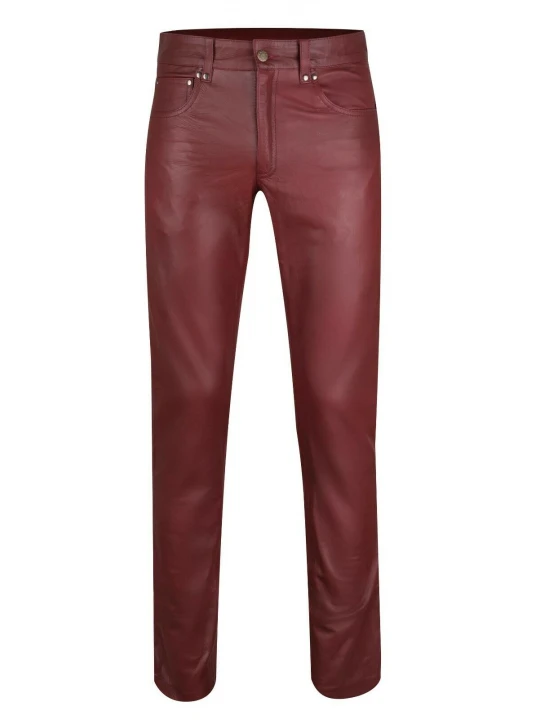 Mens Regular Size Genuine Burgundy Leather Jeans Trousers Pants