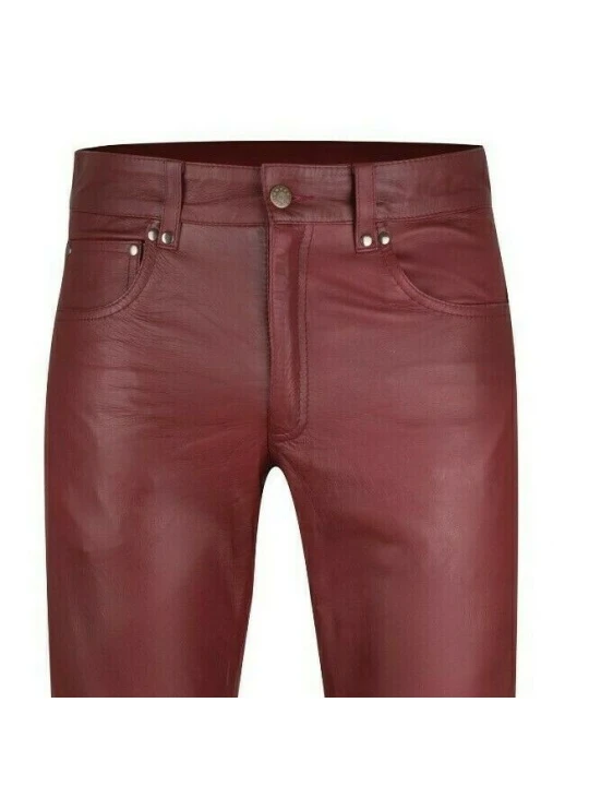 Mens Regular Size Genuine Burgundy Leather Jeans Trousers Pants