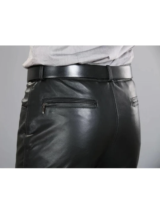 Mens Regular Straight Flat Black Leather Motorcycle Pants