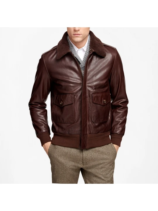 Mens Removable Fur Collar Genuine Brown Leather Bomber Jacket