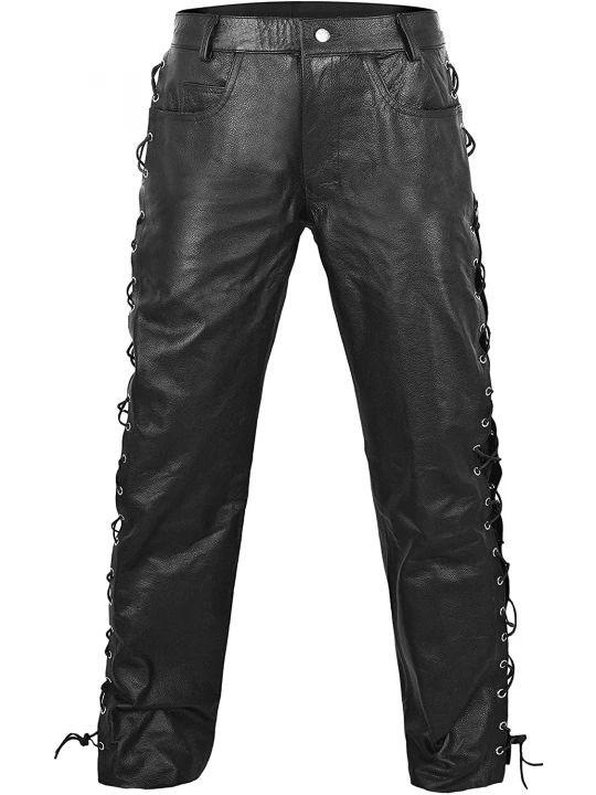 Mens Side Laces Thick Black Genuine Leather Motorcycle Pants