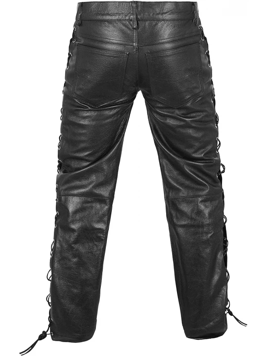 Mens Side Laces Thick Black Genuine Leather Motorcycle Pants