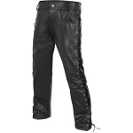 Mens Side Laces Thick Black Genuine Leather Motorcycle Pants