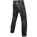 Mens Side Laces Thick Black Genuine Leather Motorcycle Pants
