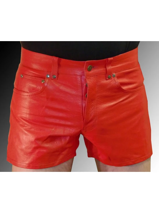 Mens Side Pockets Red Leather Shorts