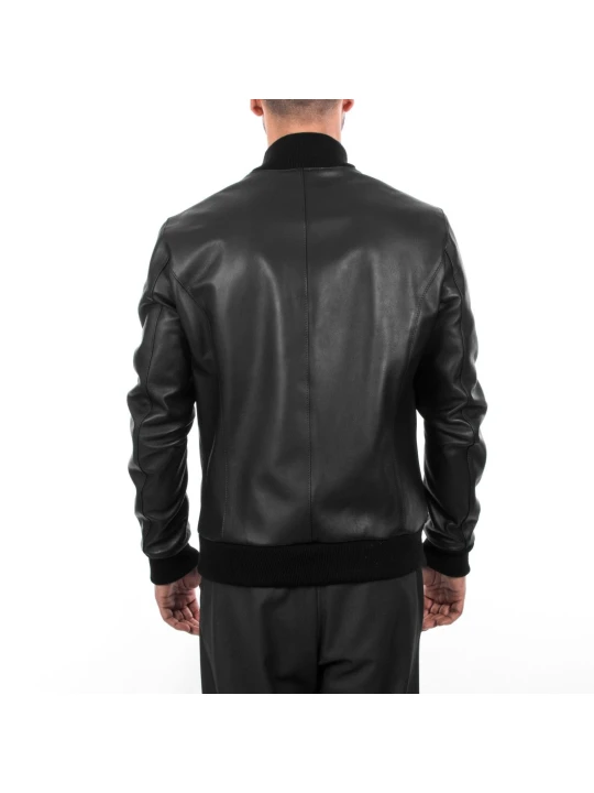 Mens Slim Fit Genuine Black Leather Bomber Jacket