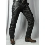 Mens Slim Fit Pure Black Leather Cargo Biker Pant