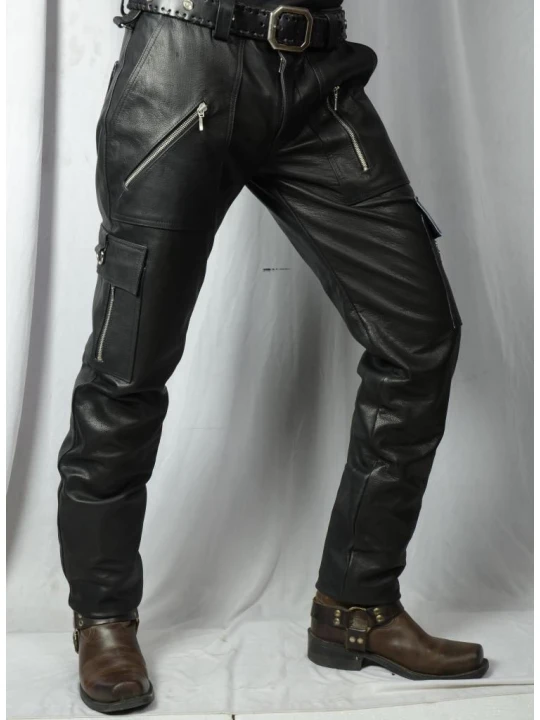 Mens Slim Fit Pure Black Leather Cargo Biker Pant