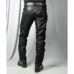 Mens Slim Fit Pure Black Leather Cargo Biker Pant