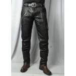 Mens Slim Fit Pure Black Leather Cargo Biker Pant