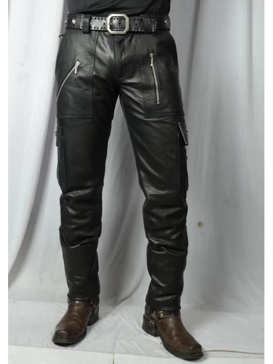 Mens Slim Fit Pure Black Leather Cargo Biker Pant