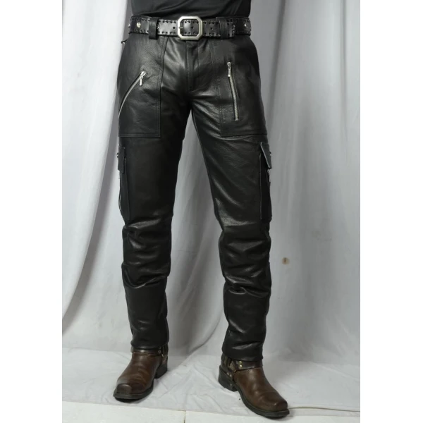 Mens Slim Fit Pure Black Leather Cargo Biker Pant