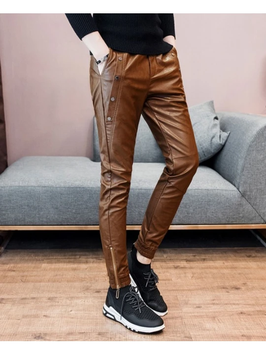 Mens Slim Fit Stripes Brown Leather Gay Trousers Motorcycle Pants