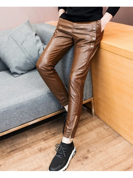 Mens Slim Fit Stripes Brown Leather Gay Trousers Motorcycle Pants