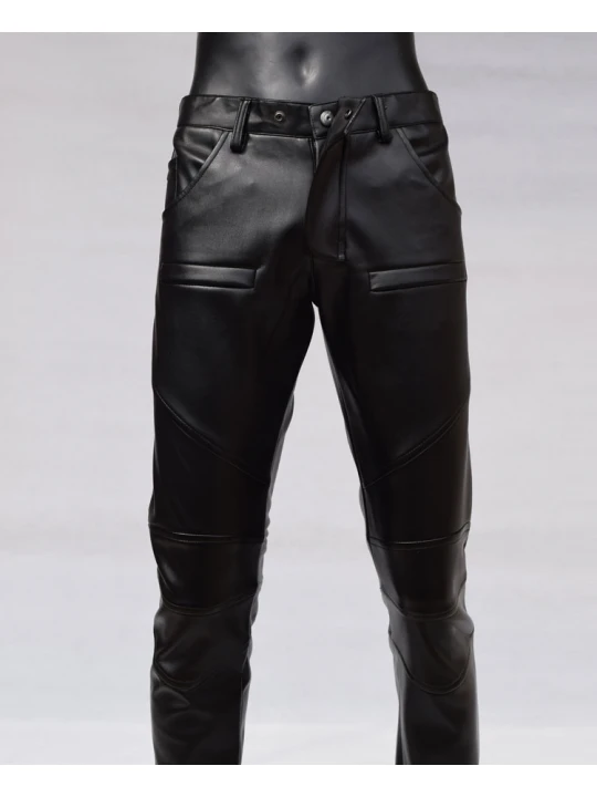 Mens Slim Pocket Design Black Leather Pencil Jeans Motorcycle Pants