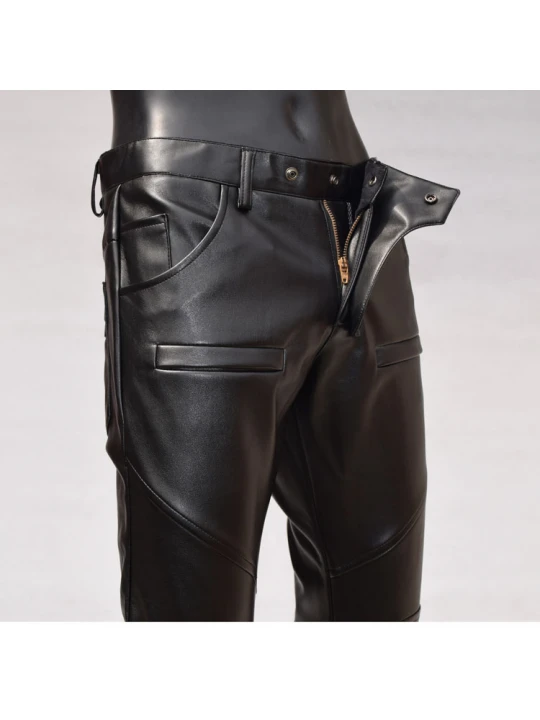 Mens Slim Pocket Design Black Leather Pencil Jeans Motorcycle Pants