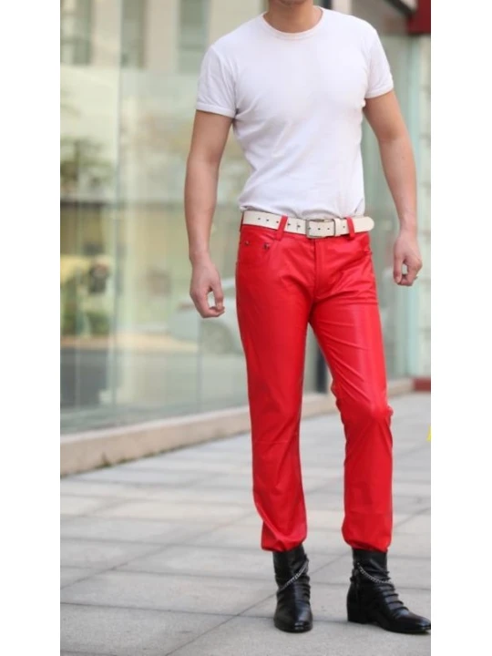 Mens Slim Singer Costumes Red Leather Boots Trousers Pants