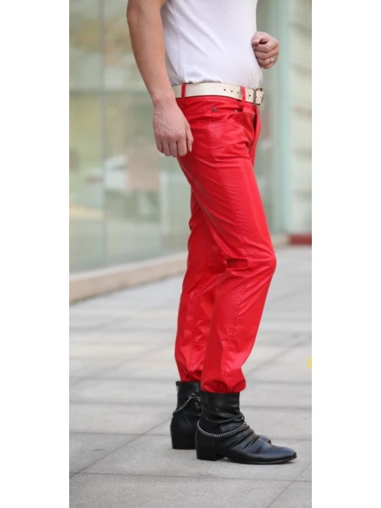 Mens Slim Singer Costumes Red Leather Boots Trousers Pants