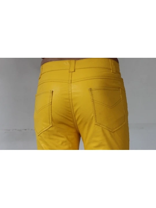 Mens Slim Singer Costumes Yellow Leather Boots Trousers Pants