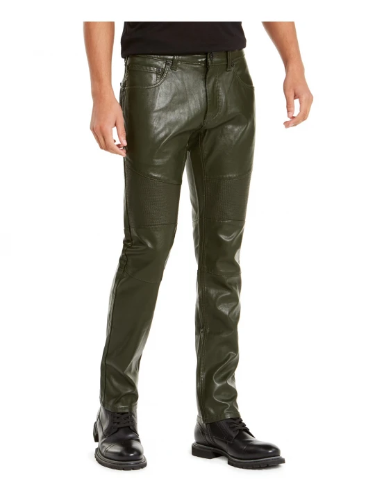 Mens Slim Straight Fit Pure Olive Green Leather Pants