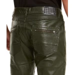 Mens Slim Straight Fit Pure Olive Green Leather Pants