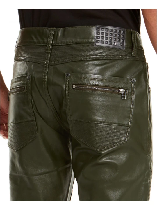 Mens Slim Straight Fit Pure Olive Green Leather Pants
