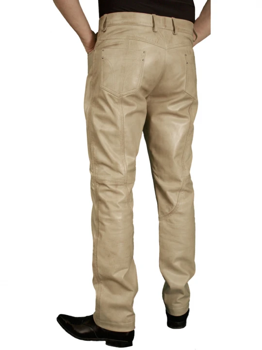Mens Smart Casual Beige Leather Trousers Jeans Pants