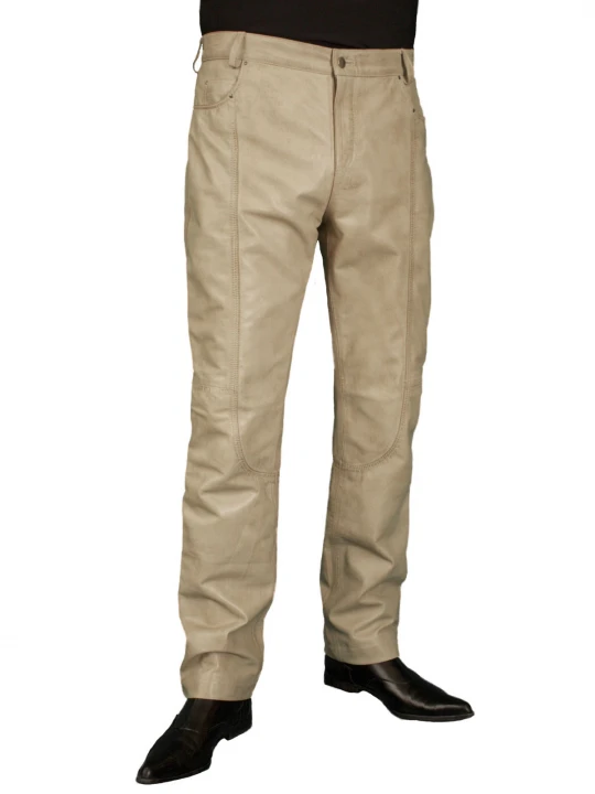 Mens Smart Casual Beige Leather Trousers Jeans Pants