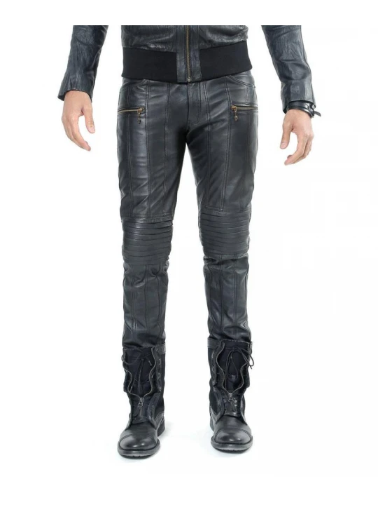 Mens Soft Lambskin Black Leather Biker Moto Pants