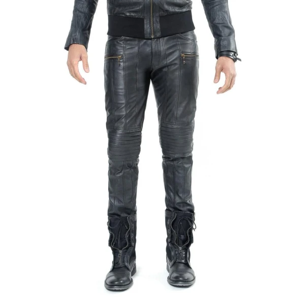 Mens Soft Lambskin Black Leather Biker Moto Pants