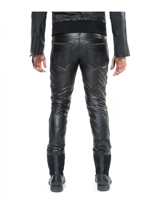 Mens Soft Lambskin Black Leather Biker Moto Pants