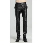 Mens Spring Casual Slim Fit Black Leather Long Pants