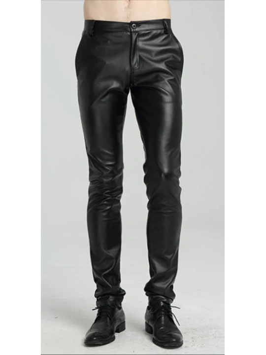 Mens Spring Casual Slim Fit Black Leather Long Pants