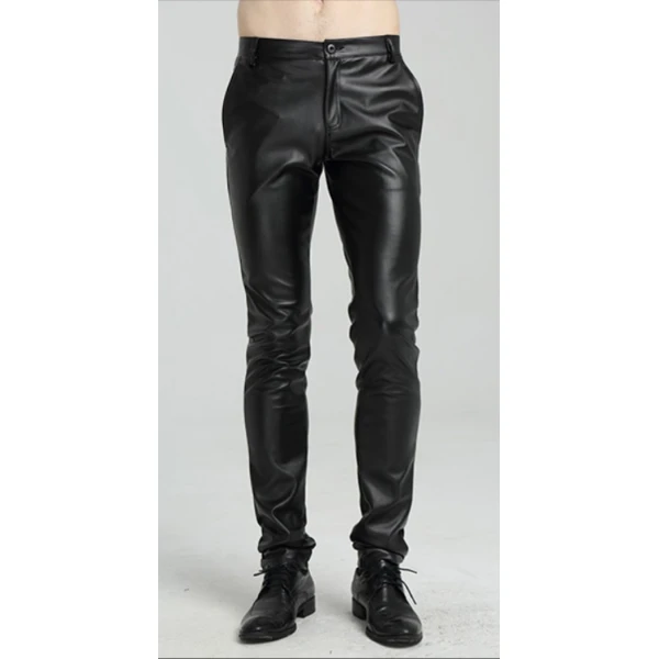 Mens Spring Casual Slim Fit Black Leather Long Pants