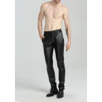 Mens Spring Casual Slim Fit Black Leather Long Pants