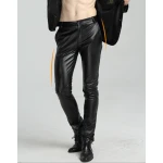 Mens Spring Casual Slim Fit Black Leather Long Pants